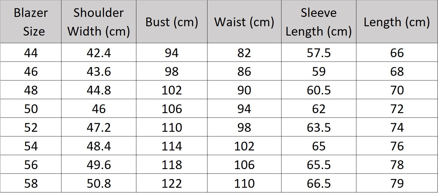 Size chart for the blazer of the Borcelleclothes Men's Steel Grey Pinstriped Suit, providing detailed measurements for a tailored and elegant fit.