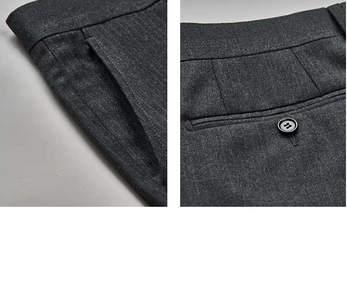 Collage featuring the side slash pocket and back double-welt pocket on the pants of the Borcelleclothes Men's Steel Grey Pinstriped Suit, balancing functionality with refined tailoring.