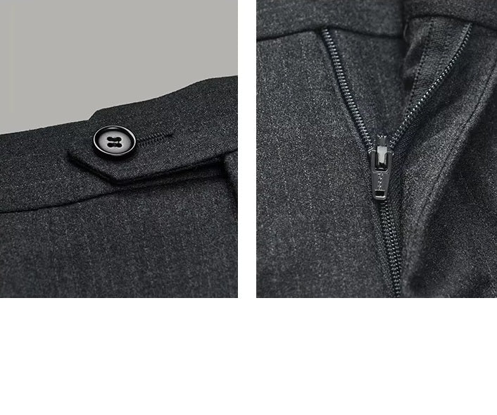 Collage showing the waistband closure and zipper fly on the pants of the Borcelleclothes Men's Steel Grey Pinstriped Suit, combining tailored style and practicality.