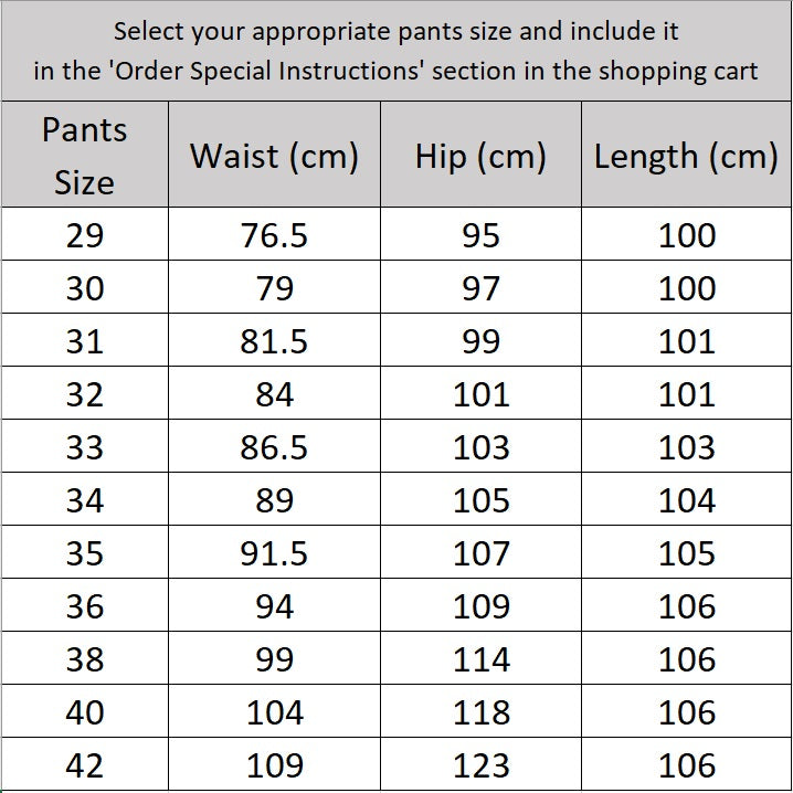 Size chart for the pants of the Borcelleclothes Men's Steel Grey Pinstriped Suit, ensuring a precise fit for the straight-leg design.