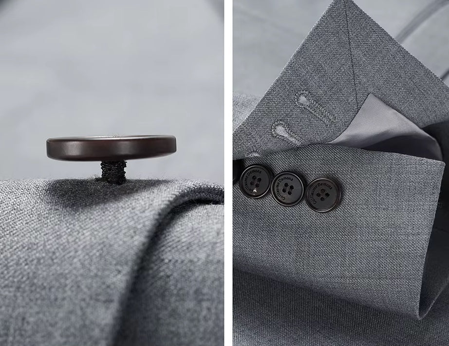 Collage showcasing the button shank and decorative sleeve placket on the Borcelleclothes Men's Storm Grey Slim-Fit Suit blazer, emphasizing craftsmanship and refined details.