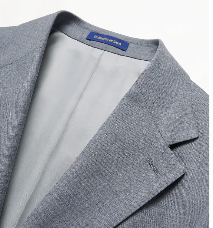 The blazer collar on the Borcelleclothes Men's Storm Grey Slim-Fit Suit, highlighting the precise tailoring and notch lapels.