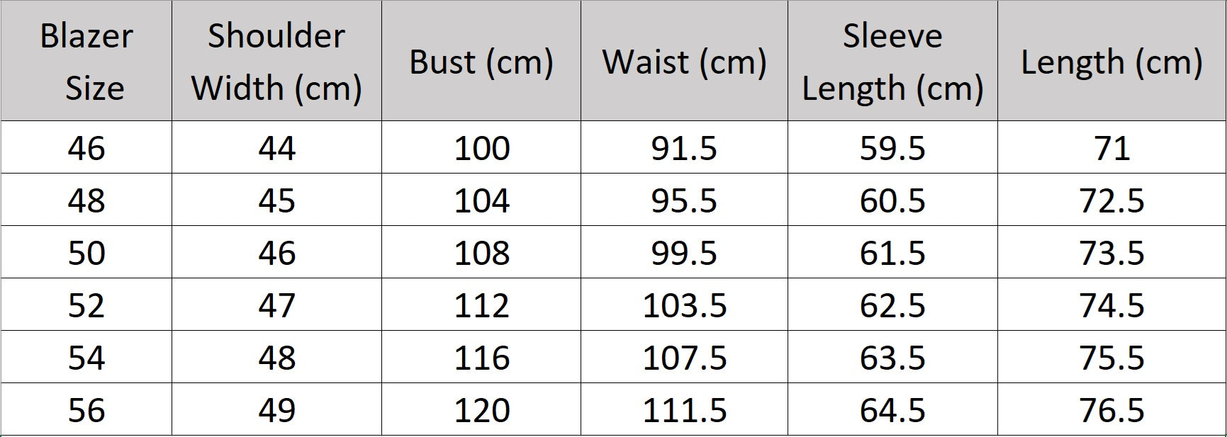 Size chart for the blazer of the Borcelleclothes Men's Storm Grey Slim-Fit Suit, providing precise measurements for a sharp and modern fit.