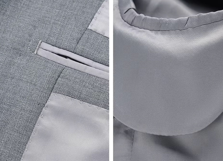 Collage showing the interior of the blazer from the Borcelleclothes Men's Storm Grey Slim-Fit Suit, featuring a double-welt pocket and a functional lining pocket.