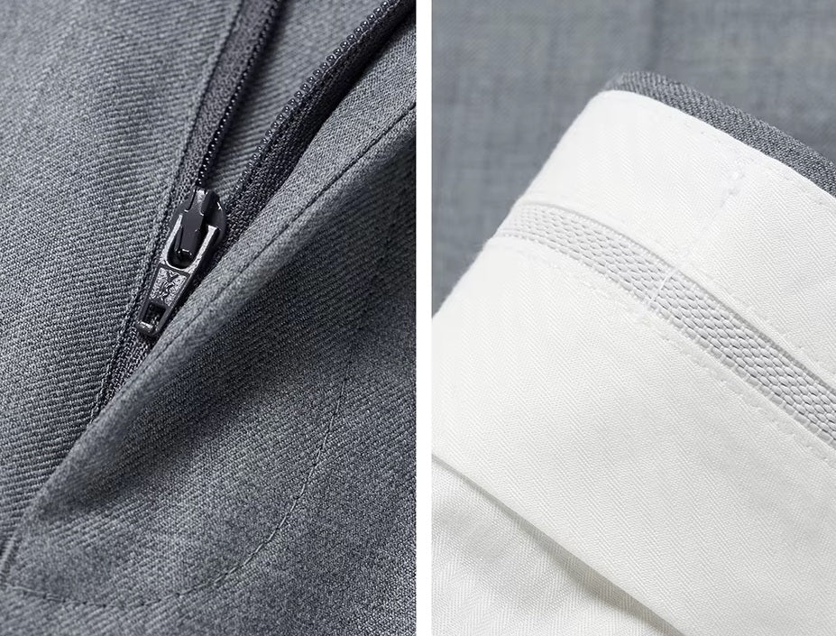 Collage showing the zipper fly and gripper tape details on the pants of the Borcelleclothes Men's Storm Grey Slim-Fit Suit, combining practicality with modern tailoring.
