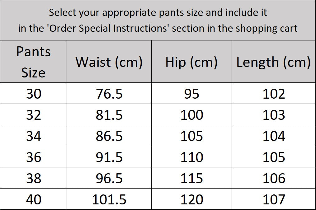 Size chart for the pants of the Borcelleclothes Men's Storm Grey Slim-Fit Suit, ensuring a comfortable and accurate fit for the slim design.