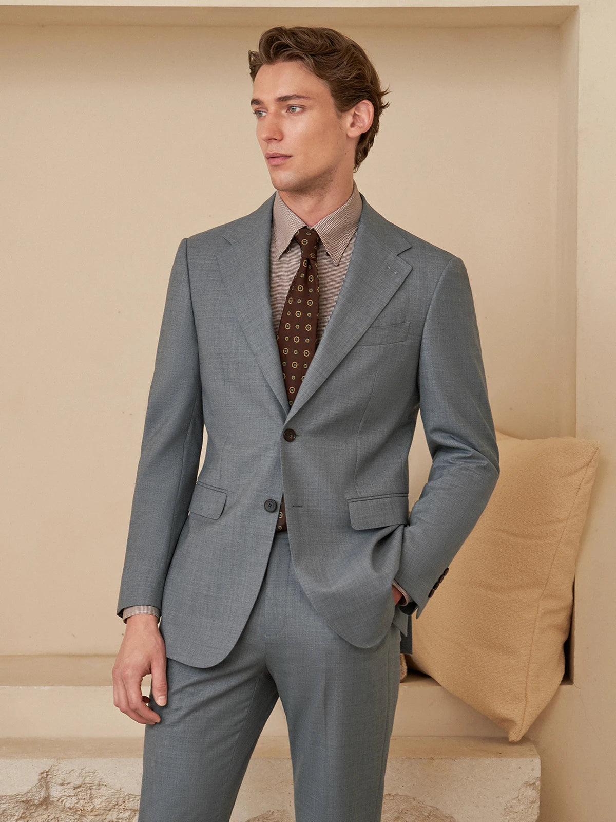 Borcelleclothes Men's Storm Grey Slim-Fit Suit crafted from a premium blend of wool, silk, and polyester, featuring a single-breasted blazer with notch lapels and slim-fit pants for a sleek and versatile look.