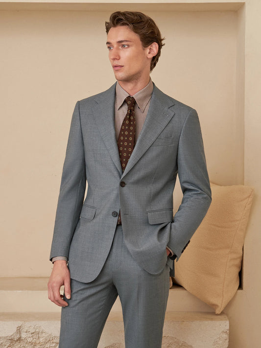 Borcelleclothes Men's Storm Grey Slim-Fit Suit crafted from a premium blend of wool, silk, and polyester, featuring a single-breasted blazer with notch lapels and slim-fit pants for a sleek and versatile look.