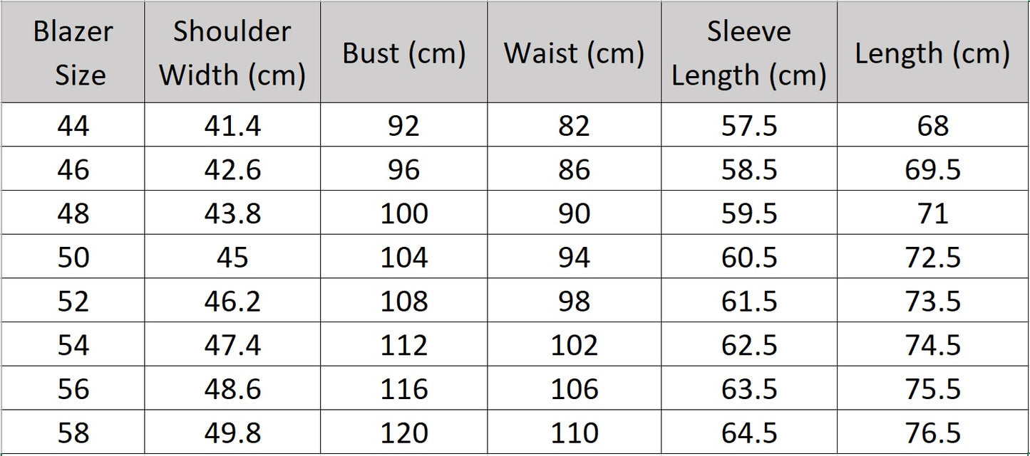 Men’s size chart for a blazer of the Storm Grey wool suit with wide-set pinstripes and patch pockets, styled with both shirt and tee. From Borcelleclothes.