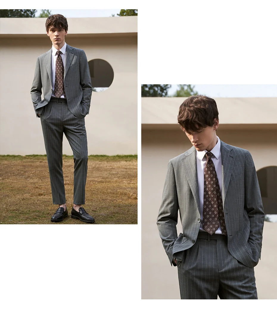 Collage of the model in Storm Grey suit, gazing forward and downward — between poise and introspection. From Borcelleclothes.