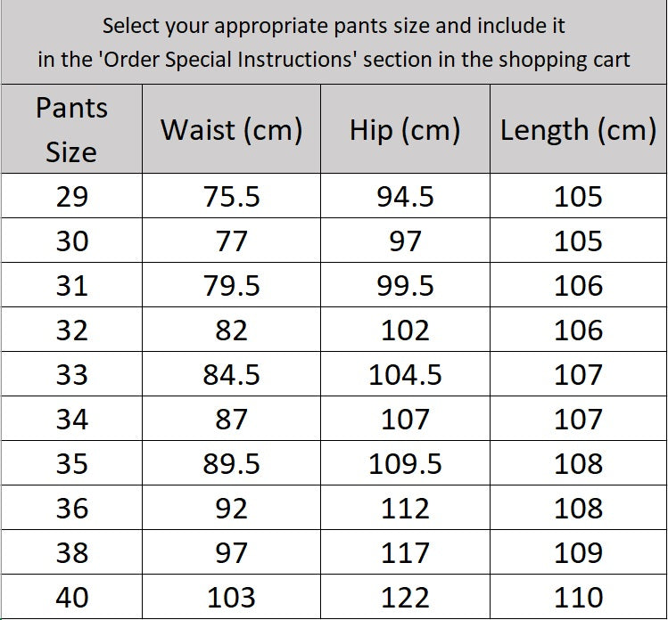 Men’s size chart for pants of the Storm Grey wool suit with wide-set pinstripes and patch pockets, styled with both shirt and tee. From Borcelleclothes.