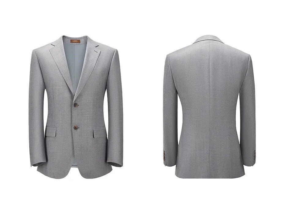 Blazer front and back views showcasing notch lapels, brown horn buttons, and double vents. From Borcelleclothes.