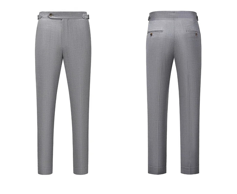 Pants front and back views with turned-back cuffs, double-welt pockets, and adjustable waistband. From Borcelleclothes.