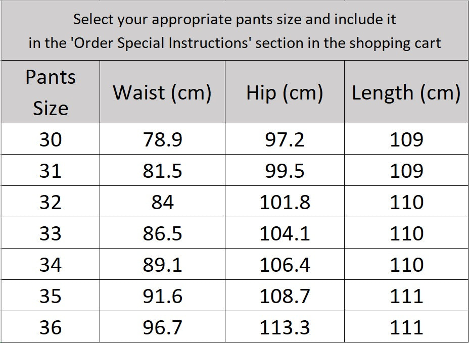 Men’s size chart for pants of the wool suit in French Grey with cuffed pants, brown horn buttons, and notch lapels — a subtly textured, melange fabric suit evoking British tailoring with intellectual poise. From Borcelleclothes.