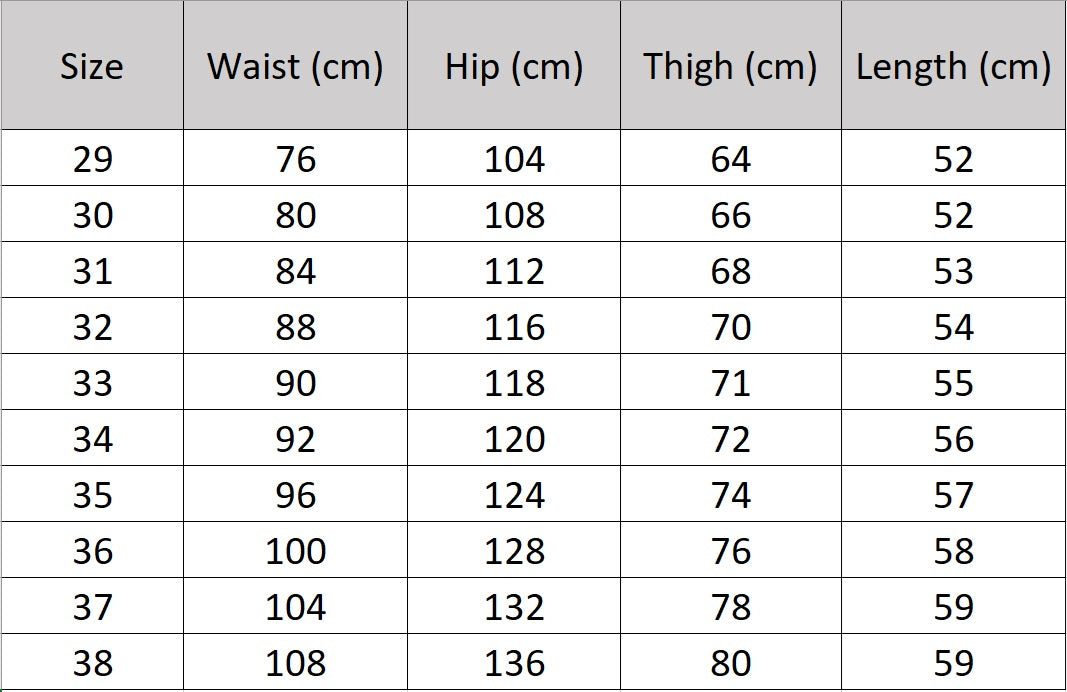Men's size chart for structured Swiss Coffee tailored shorts, crafted from dense cotton with front pleats and a clean silhouette. From Borcelleclothes.