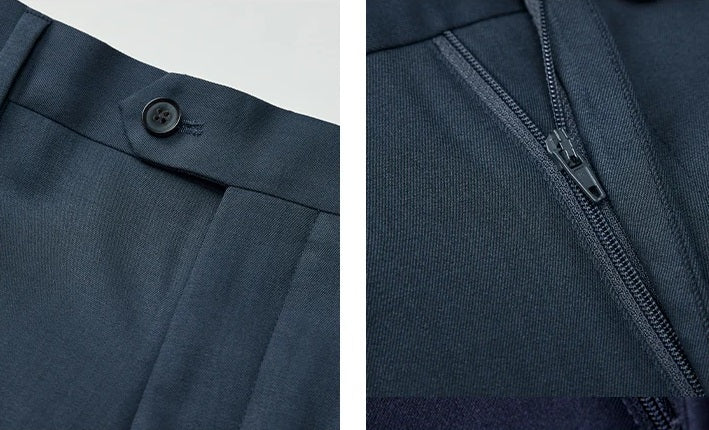 Detail collage showing the zip fly of River Bed trousers on model, both fastened and unfastened. From Borcelleclothes.