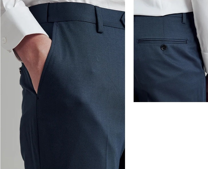 Collage with model showing the slash front pocket and welted back pockets of the River Bed trousers. From Borcelleclothes.