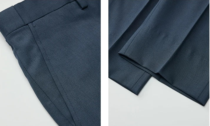 Close-up collage with model highlighting the slash pocket and finished hem of River Bed cropped trousers. From Borcelleclothes.