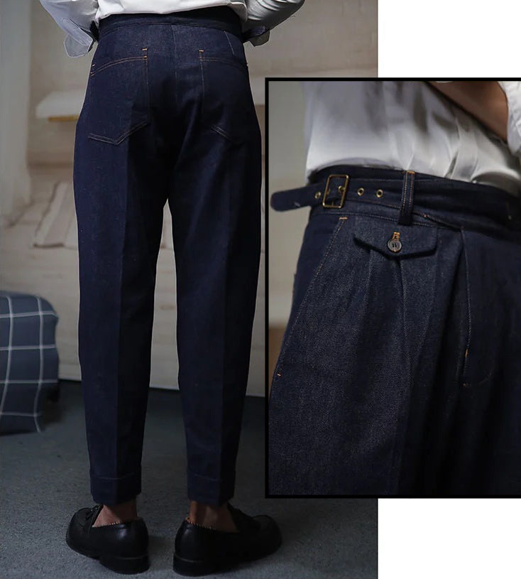 Collage image showing back view of trousers and close-up of right waistband tab and buckle detailing. From Borcelleclothes.