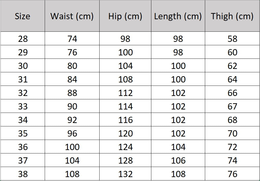 Men's size chart for tailored denim trousers in Midnight Express with four front pleats, dual side buckles, and contrast stitching. From Borcelleclothes.