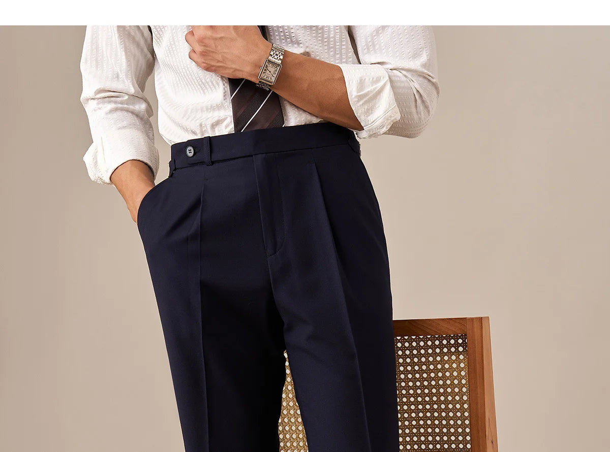 Model in Midnight Express trousers with one hand in pocket, showing natural side pocket line and fit. From Borcelleclothes.