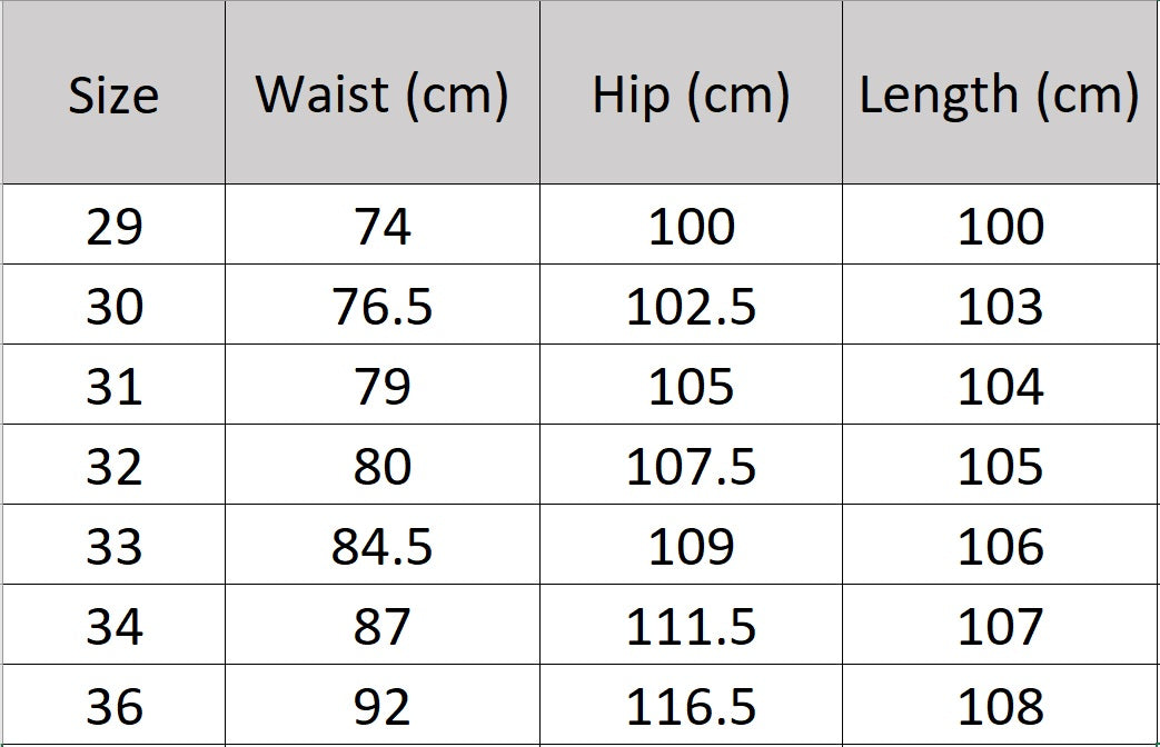 Men's size chart for straight wool-blend trousers with two front tucks, adjustable side belts with buckles, clean waistband extension, and turned-back cropped cuffs. From Borcelleclothes.