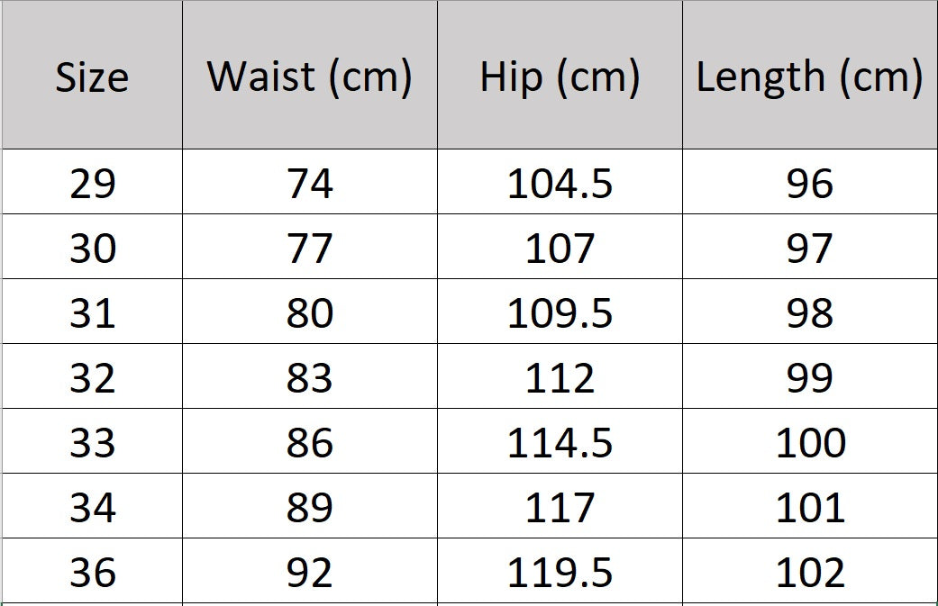 Men's size chart for straight wool-blend trousers with stitched front tucks, adjustable waistband belts with buckles, cropped cuffs, and double-welt back pockets. From Borcelleclothes.