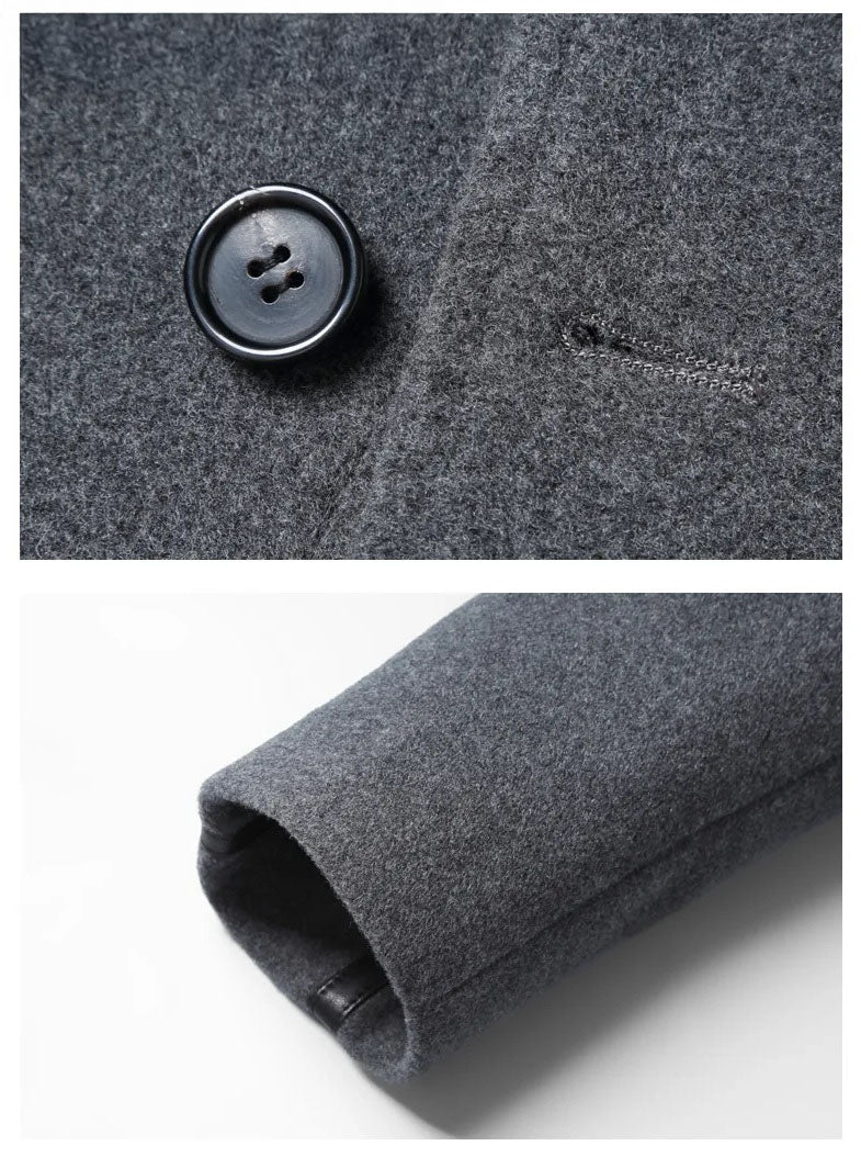 Bright Grey Urban Leather-Trim Wool Coat button, buttonhole, and cuff, collage – From Borcelleclothes.