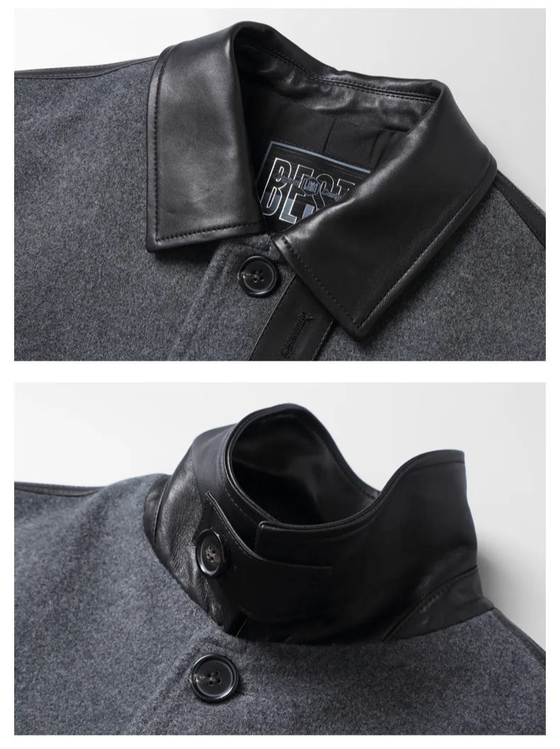Bright Grey Urban Leather-Trim Wool Coat collar and undercollar, collage – From Borcelleclothes.