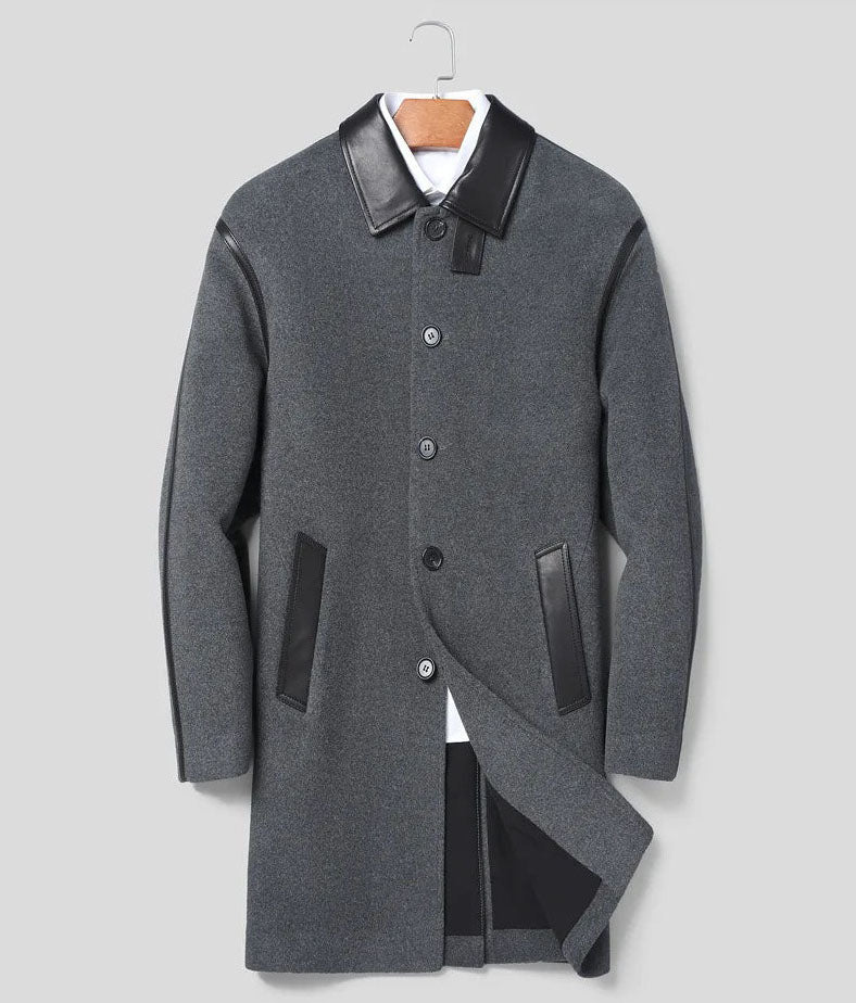 Front view of Bright Grey Urban Leather-Trim Wool Coat – From Borcelleclothes.