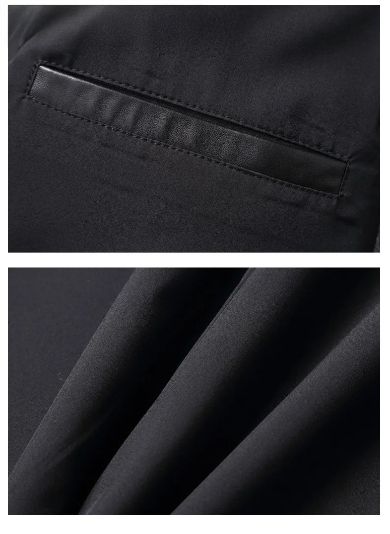 Bright Grey Urban Leather-Trim Wool Coat inner pocket, wave folded lining, collage – From Borcelleclothes.