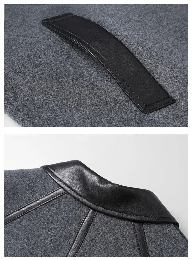 Bright Grey Urban Leather-Trim Wool Coat single welt pocket and back collar, collage – From Borcelleclothes.