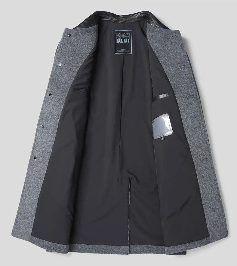 Bright Grey Urban Leather-Trim Wool Coat with front unfolded – From Borcelleclothes.