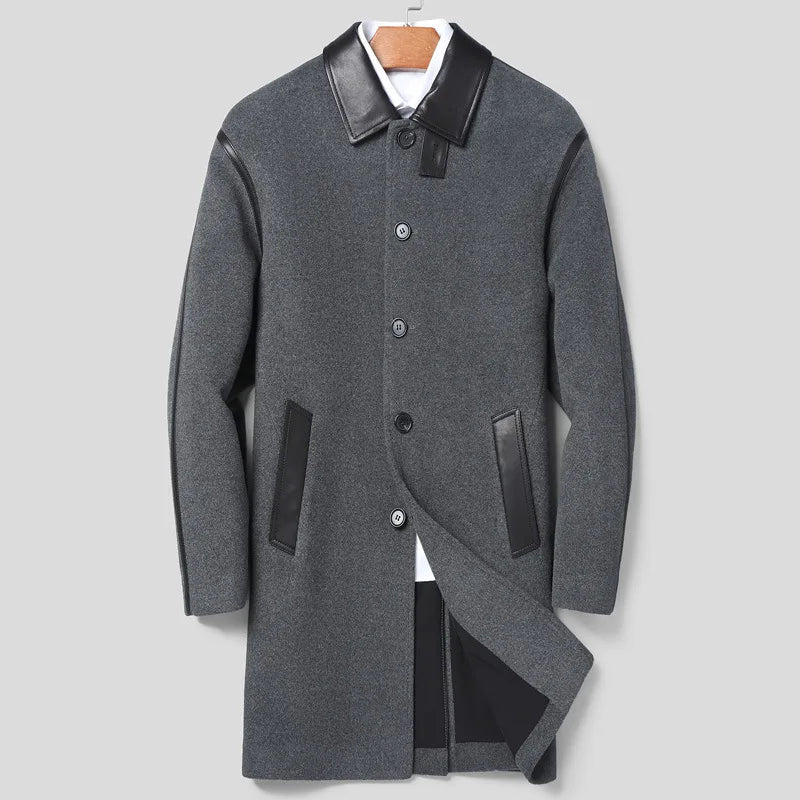 Men’s urban leather-trim wool coat in Bright Grey, with pointed leather collar, raglan sleeves, and graphic seam detailing — From Borcelleclothes.
