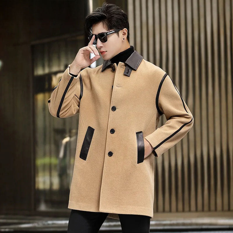 Model in Lion color Urban Leather-Trim Wool Coat, adjusting glasses – From Borcelleclothes.