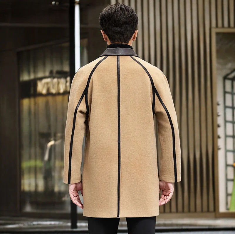 Back view of Lion color Urban Leather-Trim Wool Coat – From Borcelleclothes.