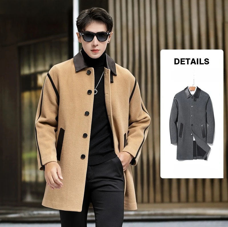 Model in Lion color Urban Leather-Trim Wool Coat with hand in pants pocket, collage with Bright Grey coat – From Borcelleclothes.
