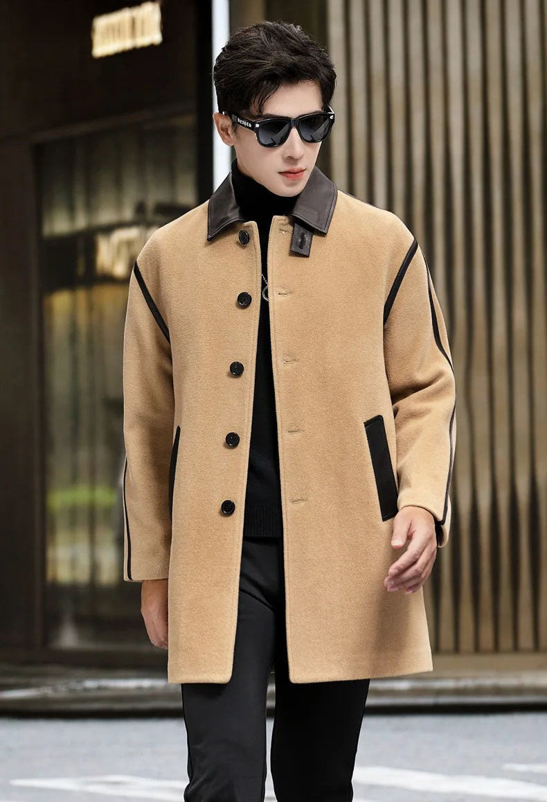 Model in Lion color Urban Leather-Trim Wool Coat stepping forward – From Borcelleclothes.