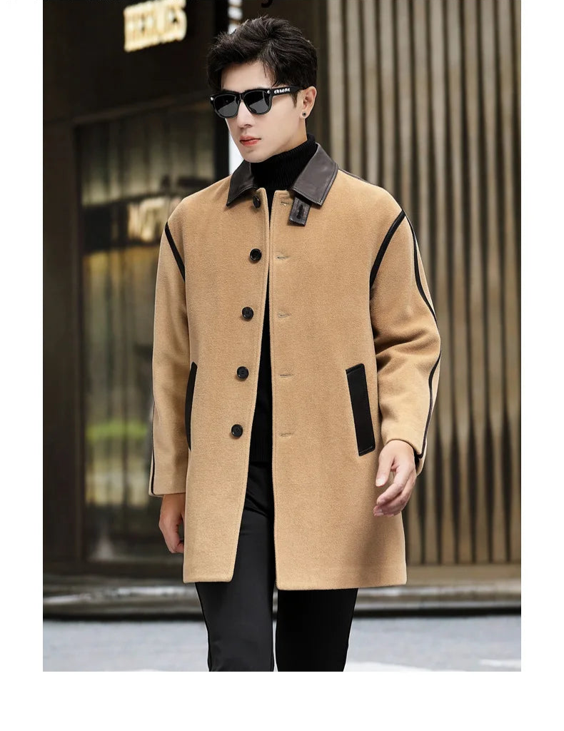 Model in Lion color Urban Leather-Trim Wool Coat walking forward – From Borcelleclothes.