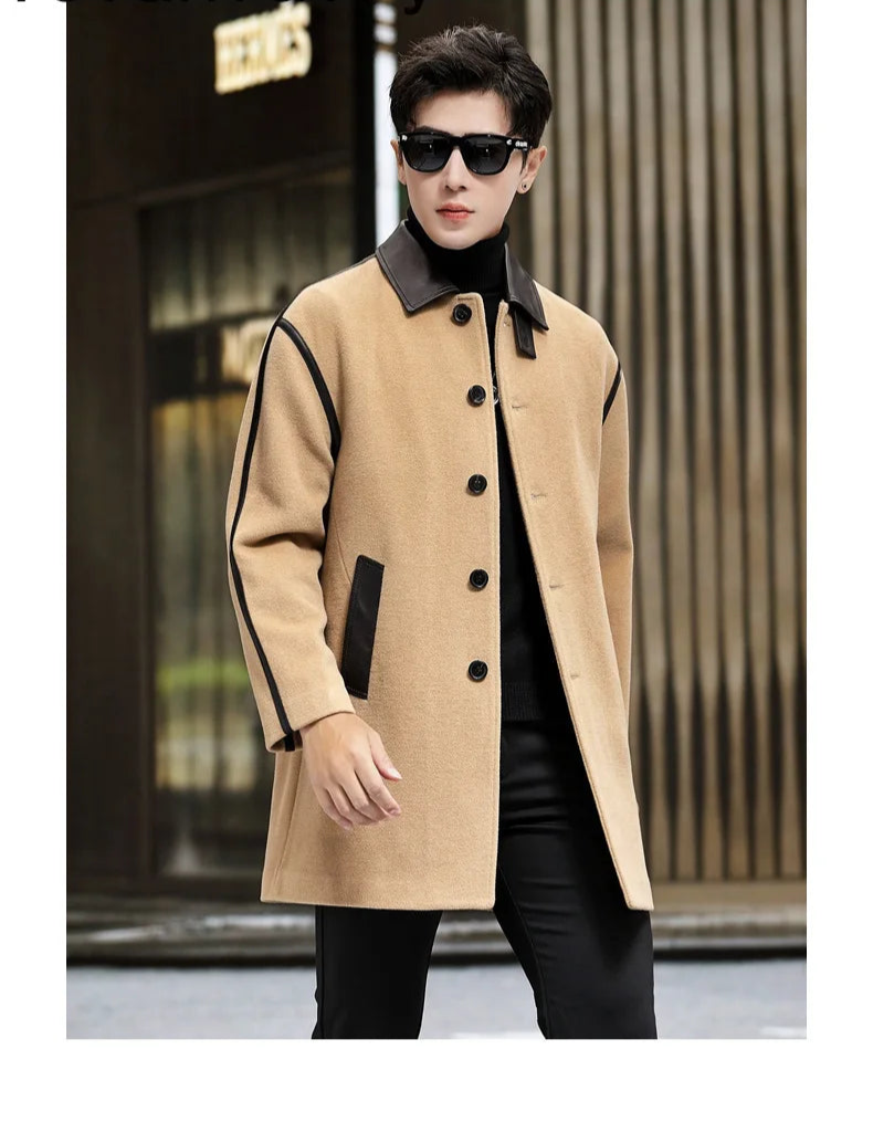 Model in Lion color Urban Leather-Trim Wool Coat walking sideways – From Borcelleclothes.