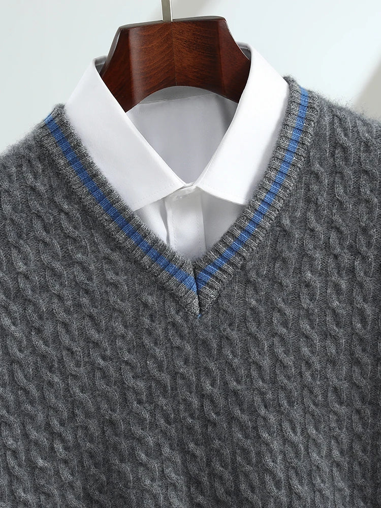 V-neck detail of the men’s Alashan cashmere sweater in Davy Grey — From Borcelleclothes.