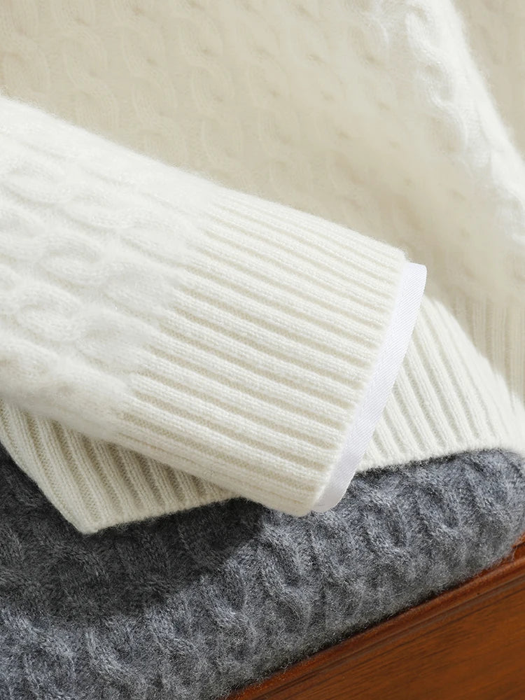 Sweaters stacked with Platinum unfolded above Davy Grey — From Borcelleclothes.