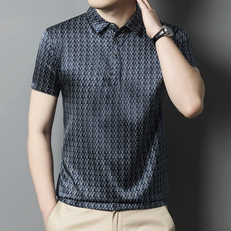 Model wearing the W pattern Mulberry silk polo in Midnight Express, front view. From Borcelleclothes.