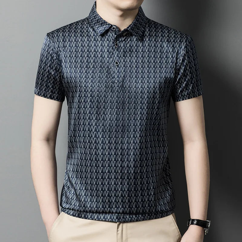 W Pattern Mulberry Silk Polo in Midnight Express, printed design on glossy silk surface with subtle light reflections. From Borcelleclothes.