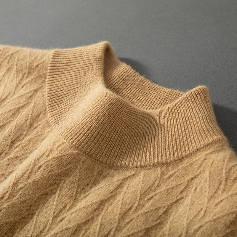 The mock neck collar on the Men's Wheat Spikes Alashan Cashmere Sweater in Lion, showcasing its luxurious texture and refined design. From Borcelleclothes.