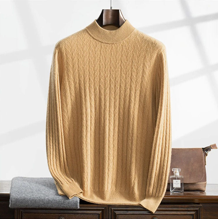 Men's Wheat Spikes Alashan Cashmere Sweater in Lion, crafted from 100% Alashan cashmere, featuring an intricate wheat spike pattern, mock neck, and ribbed hems for luxurious warmth and timeless sophistication. From Borcelleclothes.