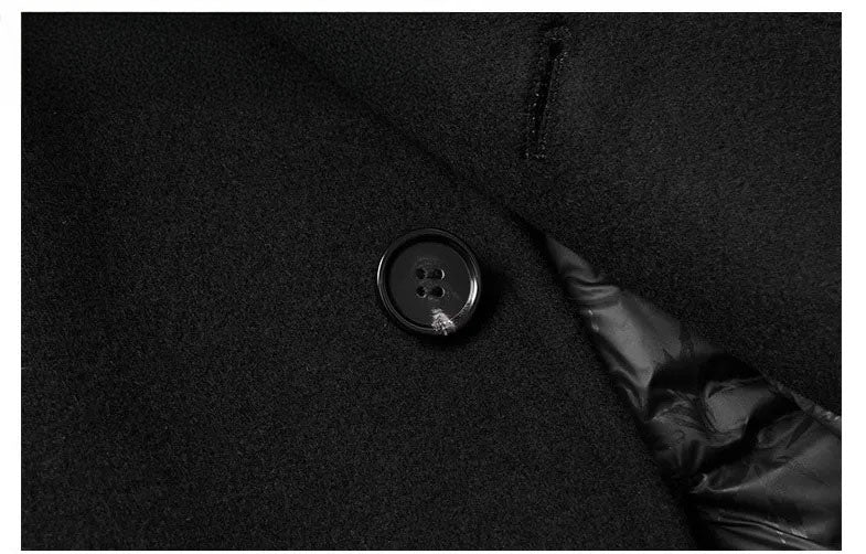 Men’s wool-cashmere coat with shearling peaked lapels in Onyx, close-up of button and buttonhole detail. From Borcelleclothes.