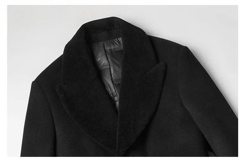 Men’s wool-cashmere coat with shearling peaked lapels in Onyx, close-up of the shearling collar. From Borcelleclothes.