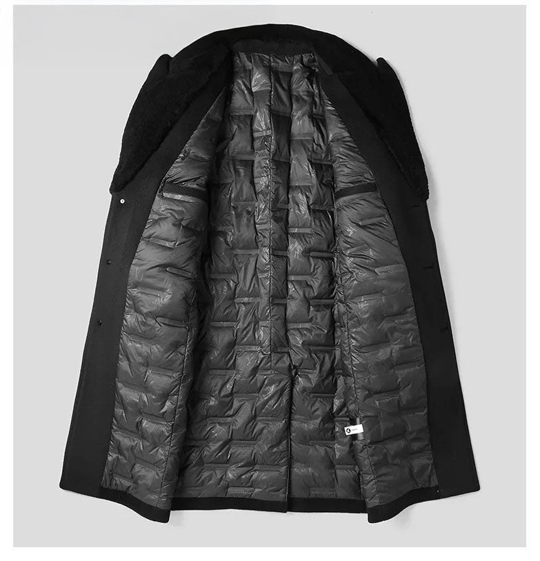 Men’s wool-cashmere coat with shearling peaked lapels in Onyx, view of unfolded coat lining. From Borcelleclothes.