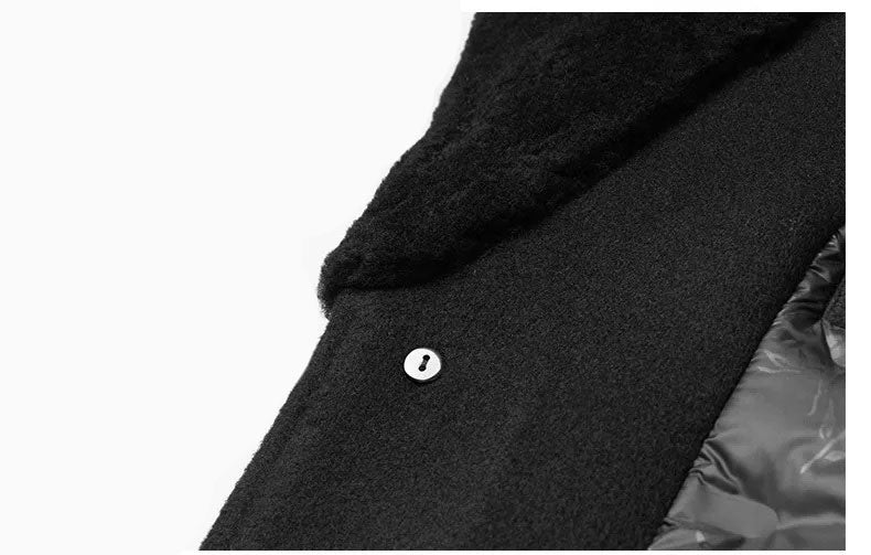 Men’s wool-cashmere coat with shearling peaked lapels in Onyx, close-up of the wool facing part and a part of the collar. From Borcelleclothes.
